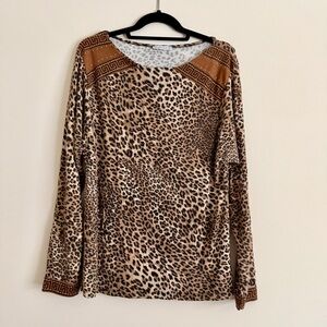Letticia Leopard Print Top XXL Brown Studded Greek Key Plus Size Shirt